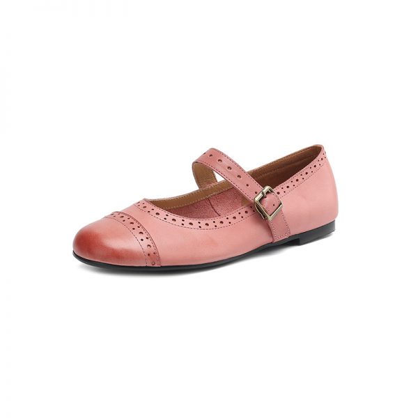 Blush Pink Leather Mary Jane Flats – Perforated Round-Toe Buckle Shoes | Spring 2025 Collection