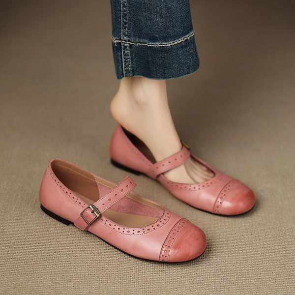 Blush Pink Leather Mary Jane Flats – Perforated Round-Toe Buckle Shoes | Spring 2025 Collection
