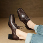 Hand-Carved Pattern Sheepskin Melange Retro Lace-Up Leather Shoes 2025 Early Spring New Arrival Block Heel Square Toe Elegant High-Heeled Shoes