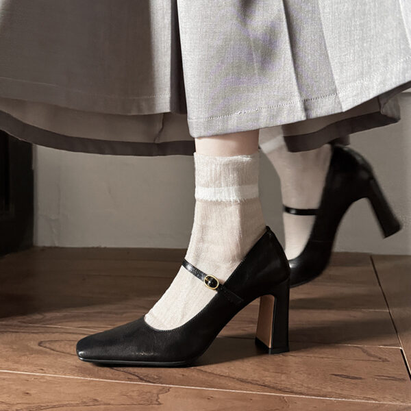 8cm Non-slip French Sheepskin High Heels 2025 Spring Block Heel Square Toe Single Strap Genuine Leather Office Pumps for Women