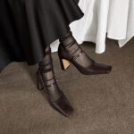 8cm Non-slip French Sheepskin High Heels 2025 Spring Block Heel Square Toe Single Strap Genuine Leather Office Pumps for Women