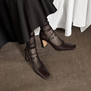 8cm Non-slip French Sheepskin High Heels 2025 Spring Block Heel Square Toe Single Strap Genuine Leather Office Pumps for Women