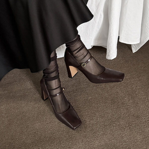 8cm Non-slip French Sheepskin High Heels 2025 Spring Block Heel Square Toe Single Strap Genuine Leather Office Pumps for Women