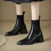 Elegant Versatile Leather Knitted Patchwork Chelsea Boots 2025 Winter Block Mid Heel Pointed Toe Ankle Boots for Women