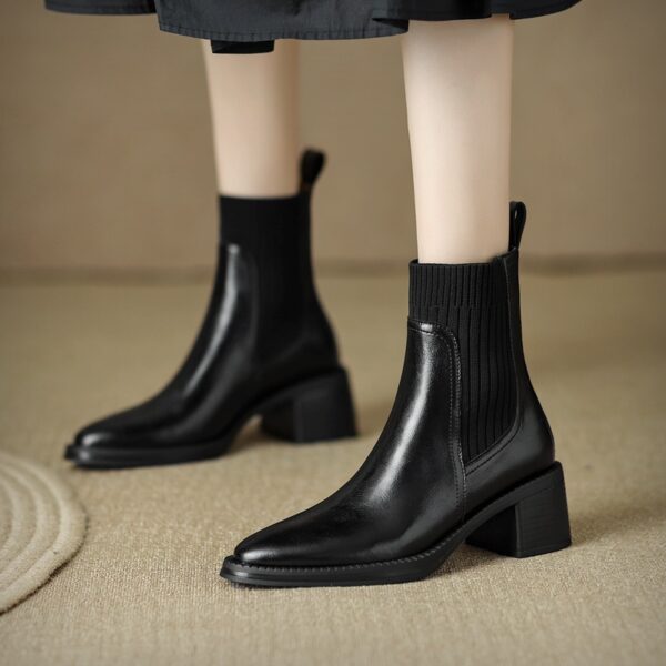 Elegant Versatile Leather Knitted Patchwork Chelsea Boots 2025 Winter Block Mid Heel Pointed Toe Ankle Boots for Women