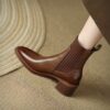 Elegant Versatile Leather Knitted Patchwork Chelsea Boots 2025 Winter Block Mid Heel Pointed Toe Ankle Boots for Women