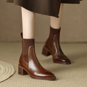 Elegant Versatile Leather Knitted Patchwork Chelsea Boots 2025 Winter Block Mid Heel Pointed Toe Ankle Boots for Women