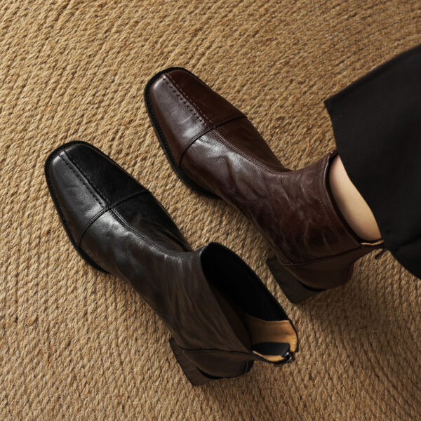 Elegant Commuting Versatile Sheepskin Slim Boots 2025 Autumn Winter Chunky Mid-Heel Square Toe Back Zip Genuine Leather Ankle Boots for Women