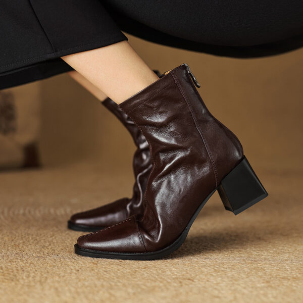 Elegant Commuting Versatile Sheepskin Slim Boots 2025 Autumn Winter Chunky Mid-Heel Square Toe Back Zip Genuine Leather Ankle Boots for Women