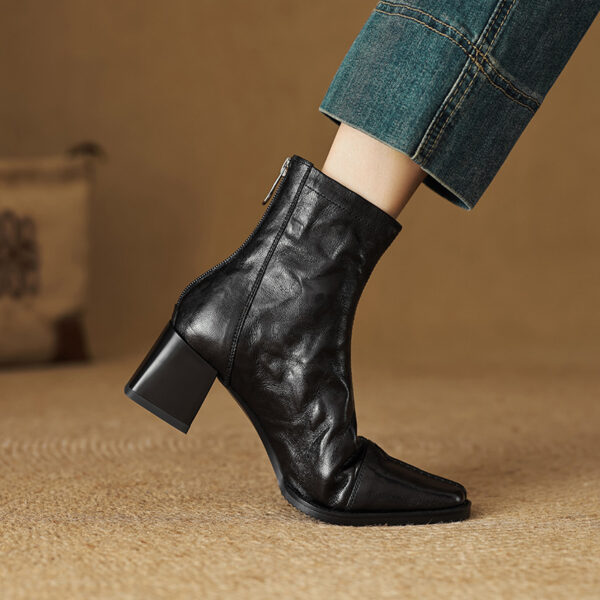 Elegant Commuting Versatile Sheepskin Slim Boots 2025 Autumn Winter Chunky Mid-Heel Square Toe Back Zip Genuine Leather Ankle Boots for Women