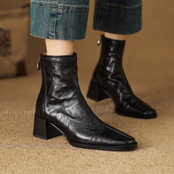 Elegant Commuting Versatile Sheepskin Slim Boots 2025 Autumn Winter Chunky Mid-Heel Square Toe Back Zip Genuine Leather Ankle Boots for Women