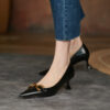 Elegant and Sleek All-Leather Metal Buckle Pointed-Toe Stiletto Heel Office Career OL Pumps for Women - 2026 SpringNew Arrival