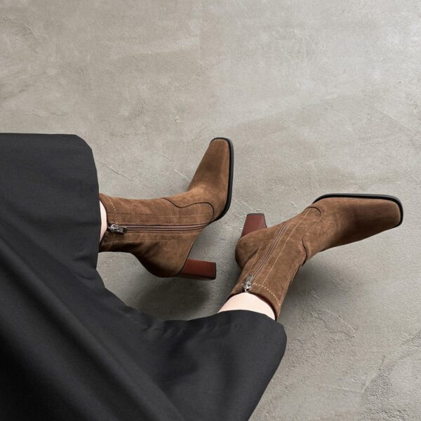 Super Slimming~ New Suede Stretch Slim Boots Square Toe High Heel Martin Boots for Women Mid Chunky Heel Ankle Boots
