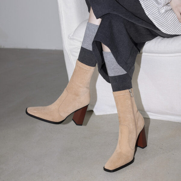 Super Slimming~ New Suede Stretch Slim Boots Square Toe High Heel Martin Boots for Women Mid Chunky Heel Ankle Boots