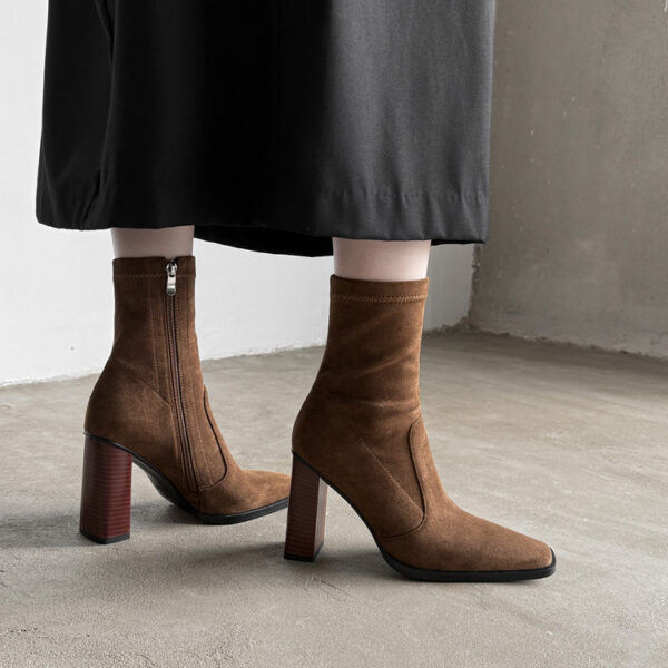 Super Slimming~ New Suede Stretch Slim Boots Square Toe High Heel Martin Boots for Women Mid Chunky Heel Ankle Boots