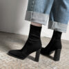 Super Slimming~ New Suede Stretch Slim Boots Square Toe High Heel Martin Boots for Women Mid Chunky Heel Ankle Boots