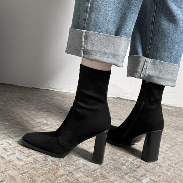 Super Slimming~ New Suede Stretch Slim Boots Square Toe High Heel Martin Boots for Women Mid Chunky Heel Ankle Boots