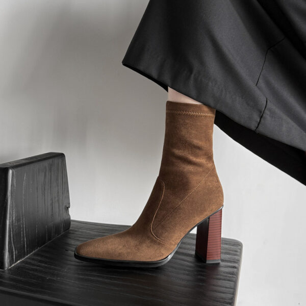 Super Slimming~ New Suede Stretch Slim Boots Square Toe High Heel Martin Boots for Women Mid Chunky Heel Ankle Boots