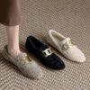 Women's Fluffy Flat Shoes 2025 Winter New Korean Style Round Toe Trendy Metal Buckle Slip-on Flat Heel Ladies' Shoes for Export
