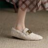 Women's Fluffy Flat Shoes 2025 Winter New Korean Style Round Toe Trendy Metal Buckle Slip-on Flat Heel Ladies' Shoes for Export
