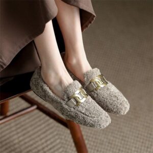 Women's Fluffy Flat Shoes 2025 Winter New Korean Style Round Toe Trendy Metal Buckle Slip-on Flat Heel Ladies' Shoes for Export