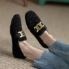 Women's Fluffy Flat Shoes 2025 Winter New Korean Style Round Toe Trendy Metal Buckle Slip-on Flat Heel Ladies' Shoes for Export