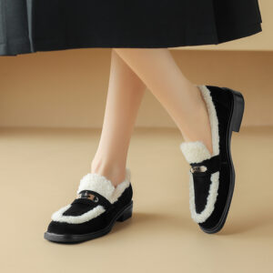 Handmade Fleece Shoes 3cm Sheepskin Lined Warm Plush Women's Single Shoes 2025 Autumn Winter Flat Cotton Shoes Low Heel with Fur