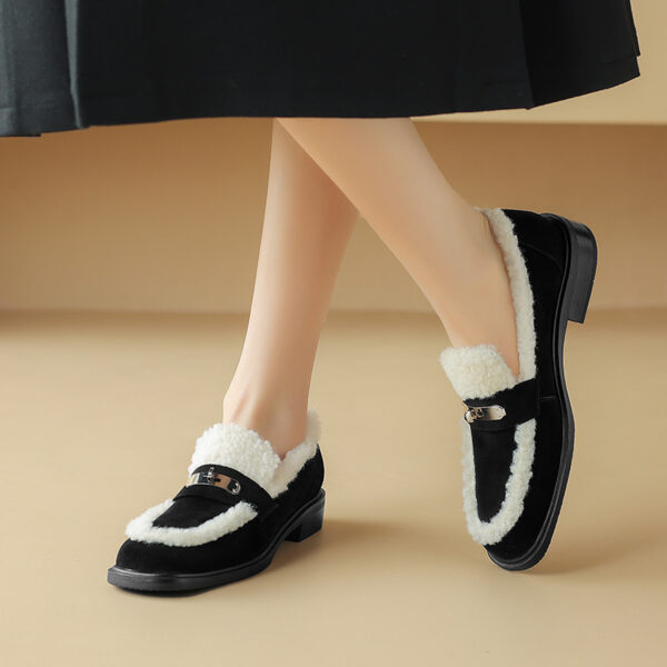 Handmade Fleece Shoes 3cm Sheepskin Lined Warm Plush Women's Single Shoes 2025 Autumn Winter Flat Cotton Shoes Low Heel with Fur