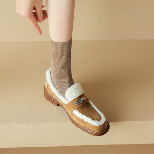 Handmade Fleece Shoes 3cm Sheepskin Lined Warm Plush Women's Single Shoes 2025 Autumn Winter Flat Cotton Shoes Low Heel with Fur