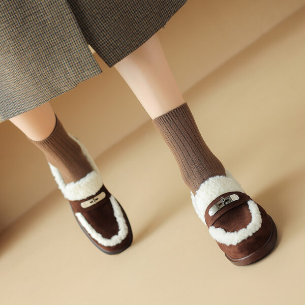 Handmade Fleece Shoes 3cm Sheepskin Lined Warm Plush Women's Single Shoes 2025 Autumn Winter Flat Cotton Shoes Low Heel with Fur