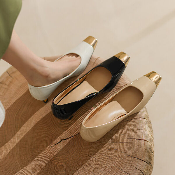 Soft Sheepskin Patent Leather Metal-Toe High Heels, All-Leather Inside and Out, French Square-Toe Office Ladies' Pumps with 5cm Medium Heel