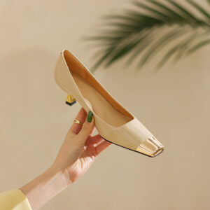 Soft Sheepskin Patent Leather Metal-Toe High Heels, All-Leather Inside and Out, French Square-Toe Office Ladies' Pumps with 5cm Medium Heel