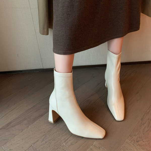 8cm Block Heel Slimming Boots for Women - Elegant with Coats, Square Toe Stretch Ankle Boots, Autumn Winter 2025