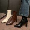 8cm Block Heel Slimming Boots for Women - Elegant with Coats, Square Toe Stretch Ankle Boots, Autumn Winter 2025