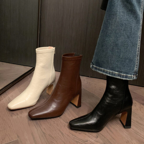 8cm Block Heel Slimming Boots for Women - Elegant with Coats, Square Toe Stretch Ankle Boots, Autumn Winter 2025