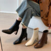 8cm Block Heel Slimming Boots for Women - Elegant with Coats, Square Toe Stretch Ankle Boots, Autumn Winter 2025