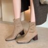 Muted Basic Coat with Great Style, Suede Slimming Boots, 2025 Autumn Winter Block Heel Commuting Square Toe Elastic Ankle Boots for Women