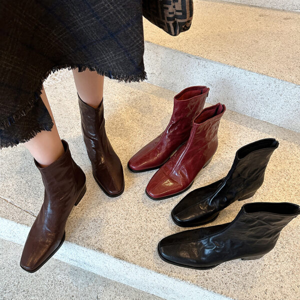 Korean Style Leading Lady ~ Soft and Comfortable Sheepskin Slim Boots 2025 Autumn Winter Chunky Low Heel Versatile Square Toe Genuine Leather Ankle Boots